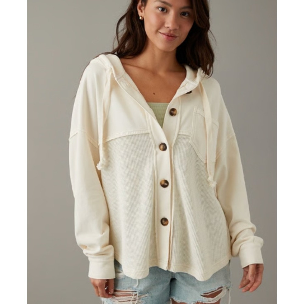 American Eagle Cream Waffle Knit Button Front Hoodie Shacket XS/S Mixed Media